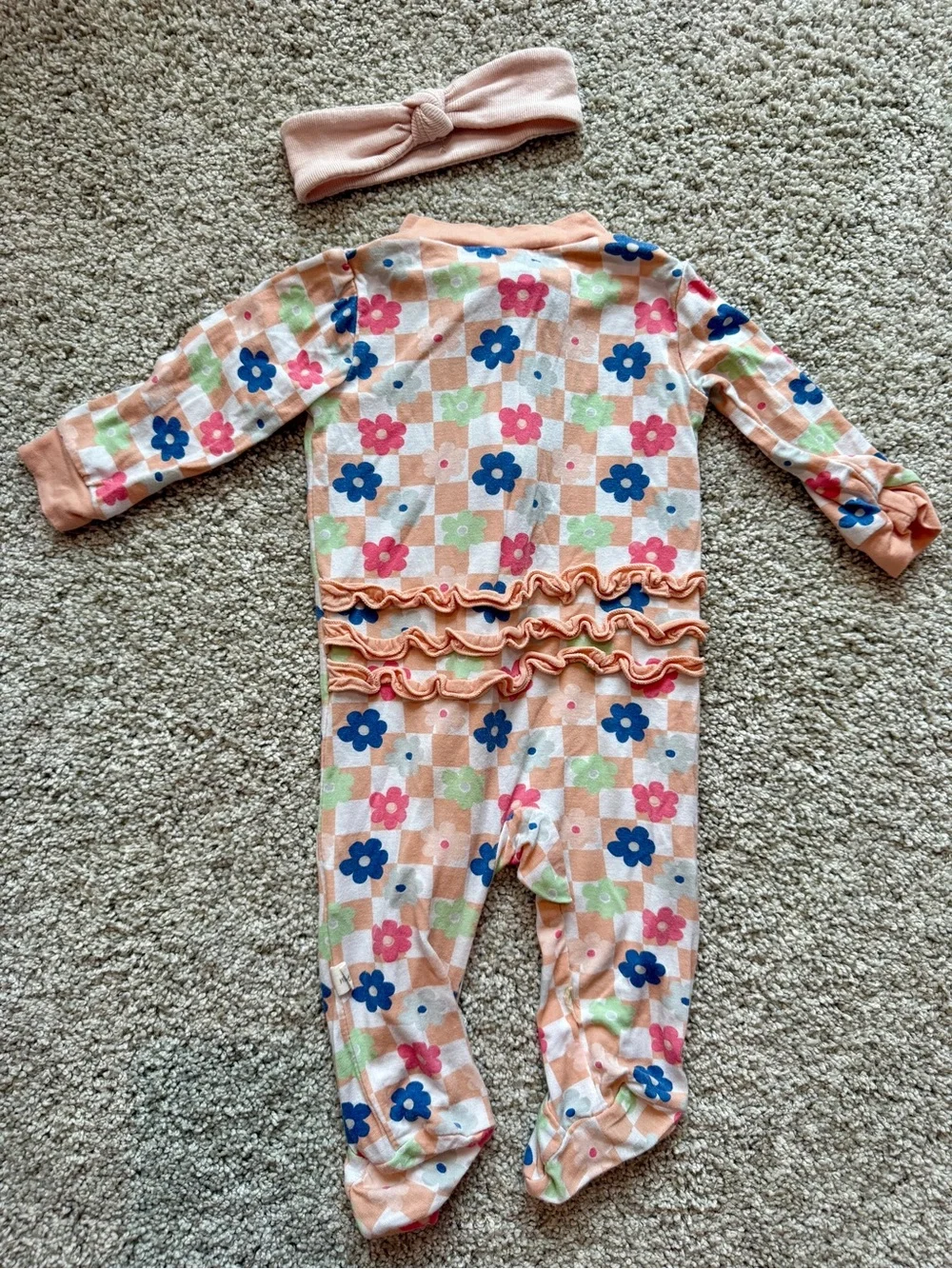 Milkbaby bamboo Baby girl floral checkered footie pajamas with headband.